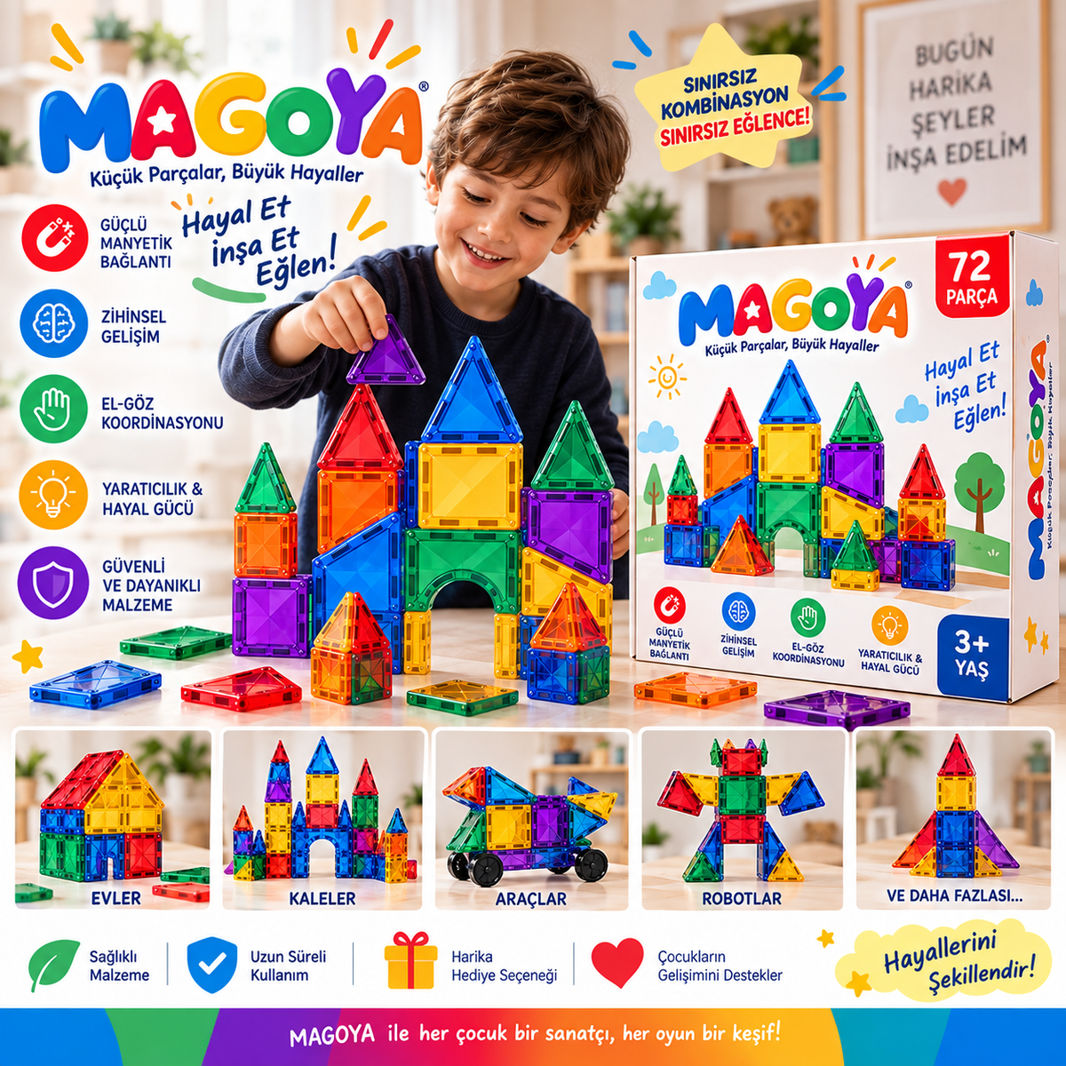 MAGOYA-Manyetik Yapı Blokları Çocuklar İçin Renkli 3 Boyutlu 72 Parça Manyetik Oyun Seti