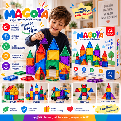 MAGOYA-Manyetik Yapı Blokları Çocuklar İçin Renkli 3 Boyutlu 72 Parça Manyetik Oyun Seti