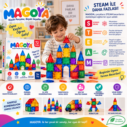 MAGOYA-Manyetik Yapı Blokları Çocuklar İçin Renkli 3 Boyutlu 72 Parça Manyetik Oyun Seti
