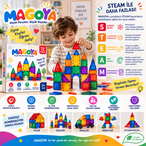 MAGOYA-Manyetik Yapı Blokları Çocuklar İçin Renkli 3 Boyutlu 72 Parça Manyetik Oyun Seti